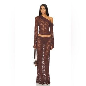 Lioness Brown Lace One-Shoulder Midi Skirt Set